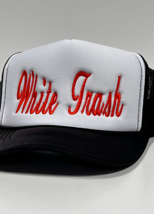 White Trash on a Vintage Black mesh Trucker SnapBack Hat Cap Custom Embroidery Chris Chapman