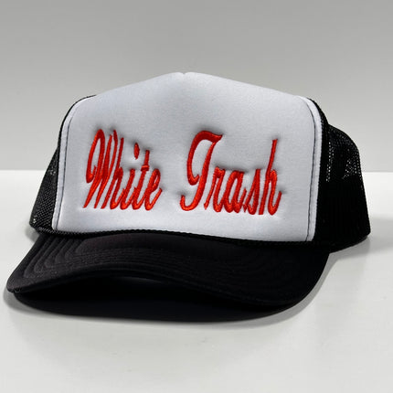 White Trash on a Vintage Black mesh Trucker SnapBack Hat Cap Custom Embroidery Chris Chapman