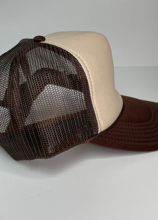 Moonshine XXX custom embroidered tan and brown trucker snapback cap