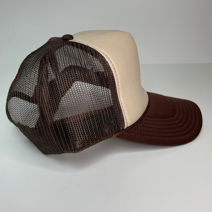 Moonshine XXX custom embroidered tan and brown trucker snapback cap