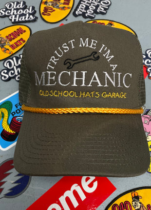 Rowdy Roger Official Trust Me I’m A Mechanic Old School Hats Garage Mesh Snapback Hat with Yellow Rope
