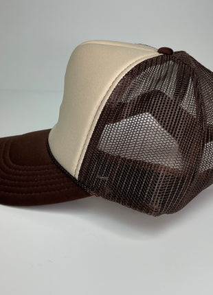 Moonshine XXX custom embroidered tan and brown trucker snapback cap