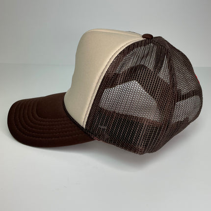 Moonshine XXX custom embroidered tan and brown trucker snapback cap