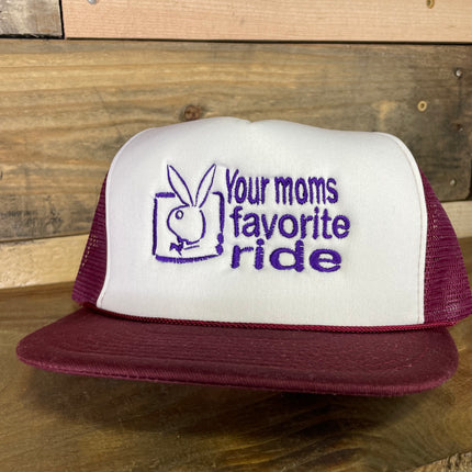 Custom Your Moms Favorite Ride Vintage Custom Embroidered Maroon Mesh Trucker Snapback Cap Hat