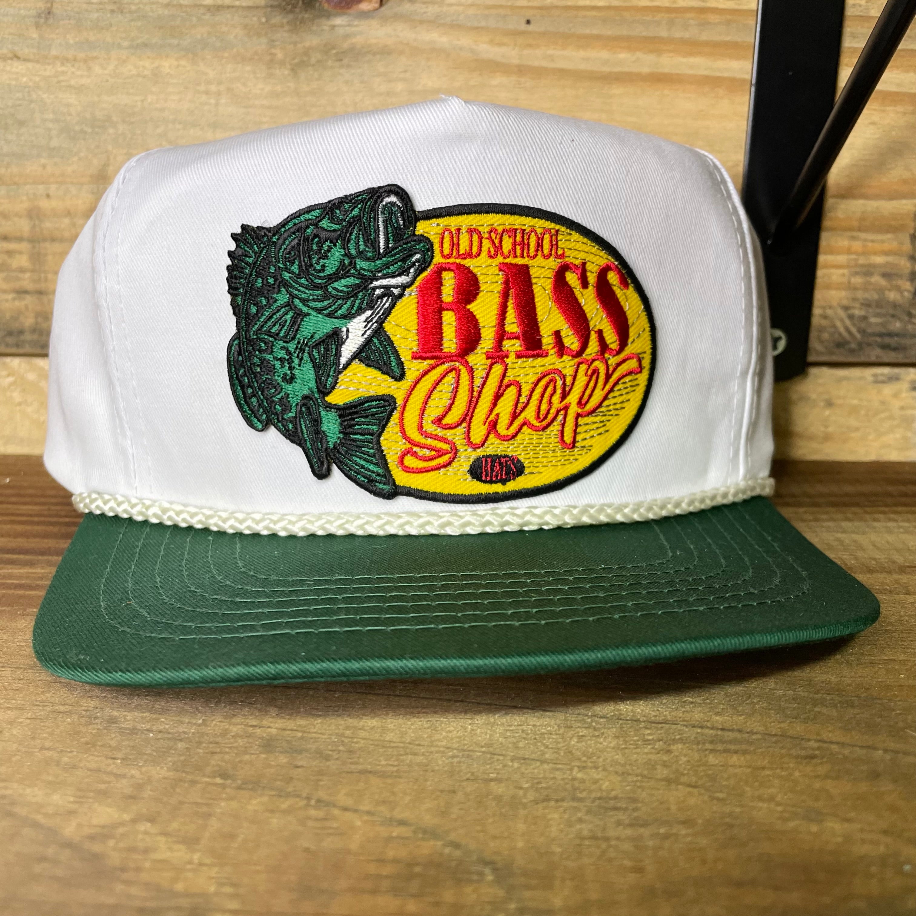 Old School Bass Fishing Shop Vintage Rope Green Brim White Mid
