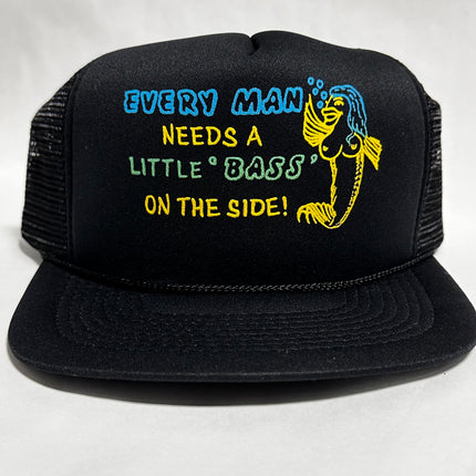 Vintage EVERY MAN NEEDS A LITTLE BASS ON THE SIDE FUNNY Fishing Black Mesh Trucker SnapBack Cap Hat DEADSTOCK Never Worn