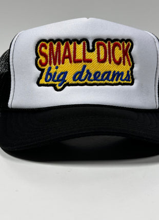 Small Dick big dreams on a vintage black mesh Trucker SnapBack Hat Cap Funny Custom Embroidery