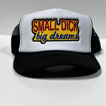 Small Dick big dreams on a vintage black mesh Trucker SnapBack Hat Cap Funny Custom Embroidery