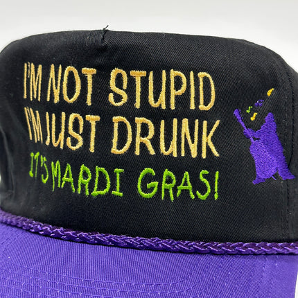 IM NOT STUPID IM JUST DRUNK MARDI GRAS Vintage Purple Brim SnapBack Cap Hat Custom Embroidered