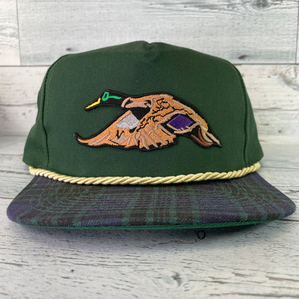 Custom Mallard Duck Hunting Vintage Rope Green Plaid Brim Snapback Cap