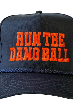 RUN THE DANG BALL Orange and Navy Blue on a Vintage Snapback Cap Hat Custom Embroidered