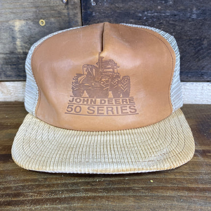 Vintage John Deere 50 Series Leather Crown Suede Brim Mesh Snapback Hat Cap Made in USA