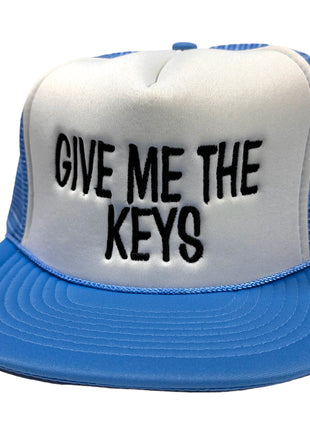 Give me the keys Vintage Blue Mesh Trucker SnapBack Hat Cap Custom Embroidery