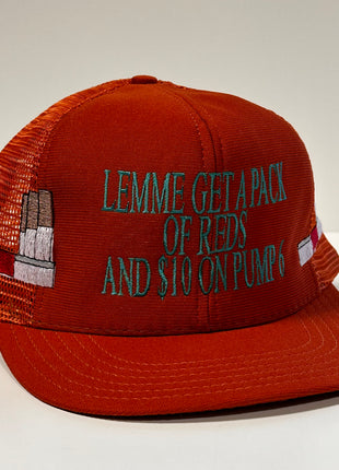 Burnt Orange Pack Of Reds 90s Vintage Mesh Tall Crown Trucker SnapBack Cap Hat Made In USA Pack of Cigarettes Funny Meme Custom Embroidered