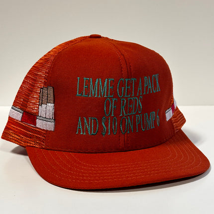 Burnt Orange Pack Of Reds 90s Vintage Mesh Tall Crown Trucker SnapBack Cap Hat Made In USA Pack of Cigarettes Funny Meme Custom Embroidered