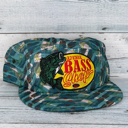 Old School Bass Shop All Over Print Mid Crown Snapback Cap Hat Fits up to 7 3/4