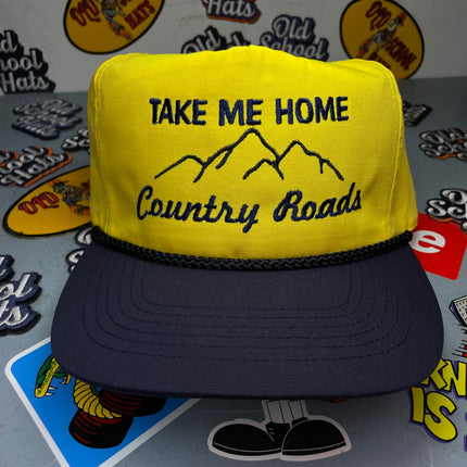 Take Me Home Country Roads West Virginia Vintage Yellow Blue Rope Golf Zip Back Cap Hat Custom Embroidery