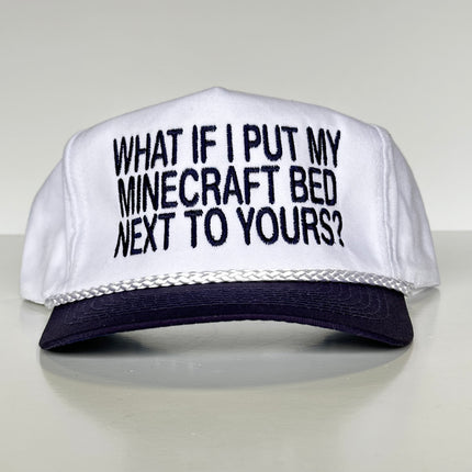 What if I put my Minecraft bed next to yours? White Crown Navy Brim SnapBack Funny Cap Hat Custom Embroidered Hutchbucketz Collab
