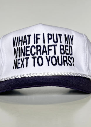 What if I put my Minecraft bed next to yours? White Crown Navy Brim SnapBack Funny Cap Hat Custom Embroidered Hutchbucketz Collab