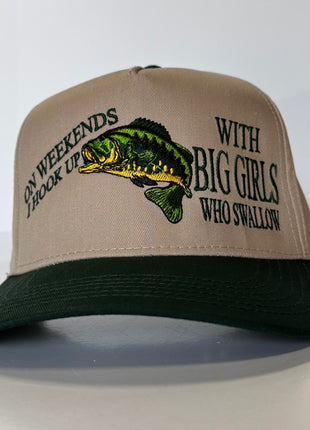 ON WEEKENDS I HOOK UP WITH BIG GIRLS WHO SWALLOW Funny Bass Fishing SnapBack Green Brim Mid Crown Hat Cap Custom Embroidered