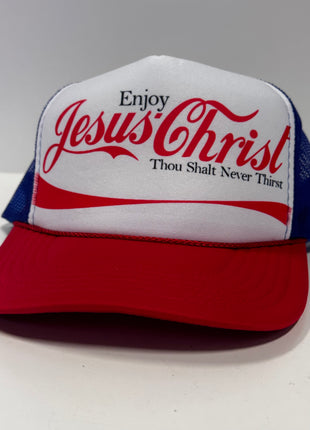 Enjoy Jesus Christ on a vintage red white blue mesh Trucker SnapBack Hat Cap Custom Printed