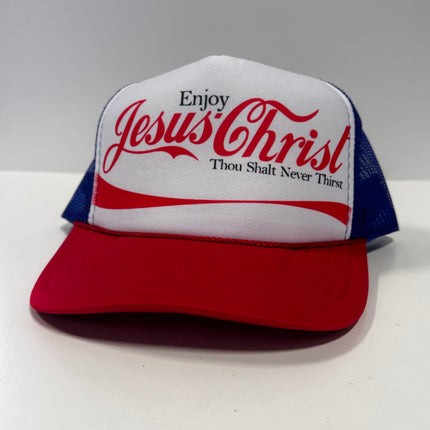 Enjoy Jesus Christ on a vintage red white blue mesh Trucker SnapBack Hat Cap Custom Printed