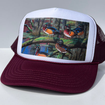 Wood ducks Outdoor Scenery Maroon Mesh SnapBack Cap Hat Custom Printed