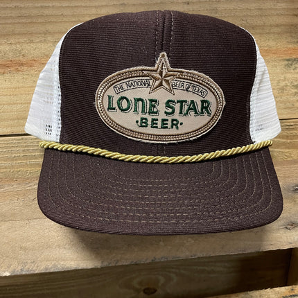 Custom Lone Star Beer Rope Vintage Brown Crown White Mesh Trucker Snapback Cap Hat