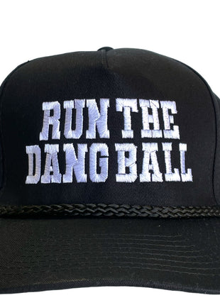 RUN THE DANG BALL White and Black on a Vintage Rope Snapback Cap Hat Custom Embroidered