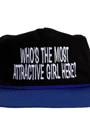 Who’s the Most Attractive Girl Here? Vintage Black Blue Zipback Hat Cap Custom Embroidery