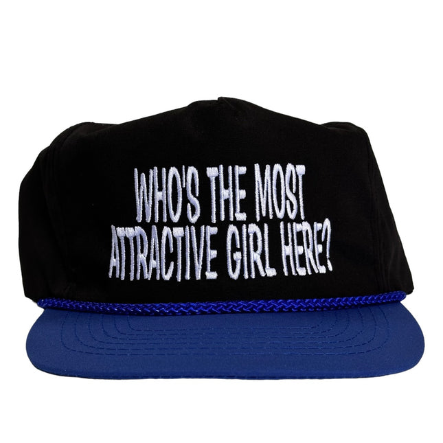 Who’s the Most Attractive Girl Here? Vintage Black Blue Zipback Hat Cap Custom Embroidery