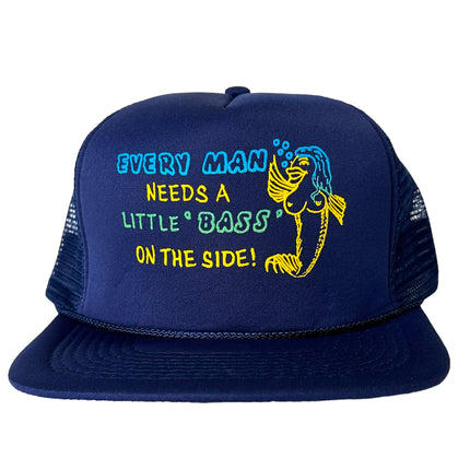 Vintage EVERY MAN NEEDS A LITTLE BASS ON THE SIDE FUNNY Fishing Navy Blue Mesh Trucker SnapBack Cap Hat DEADSTOCK Never Worn