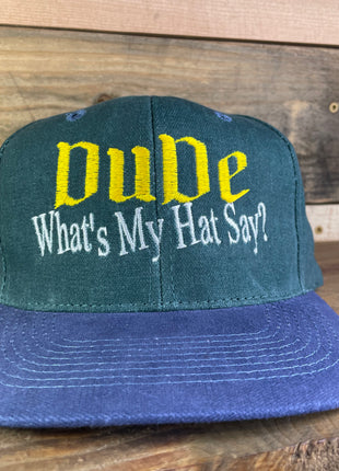 DUDE WHAT’S MY HAT SAY Vintage Navy Brim Green Strapback Cap Hat Custom Embroidered