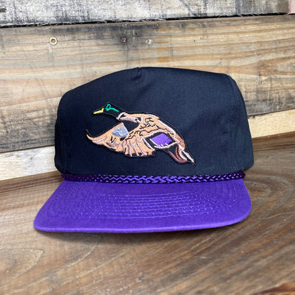 Custom Mallard Duck Vintage Rope Purple Brim Black Mid Crown Snapback Cap Hat