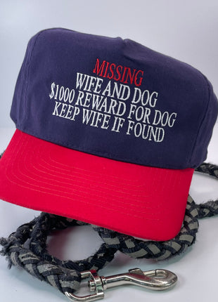 MISSING WIFE AND DOG Vintage Strapback Cap Hat Funny Embroidered
