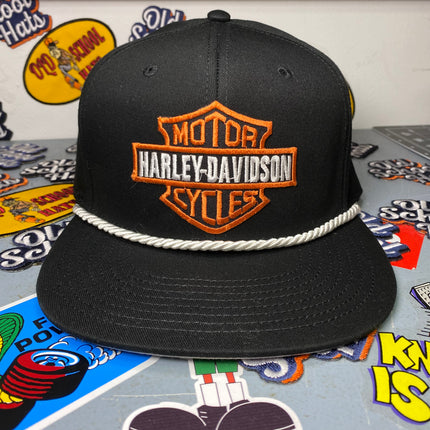 Custom Harley Davidson Motorcycle Vintage Black Snapback Hat Cap with White Rope