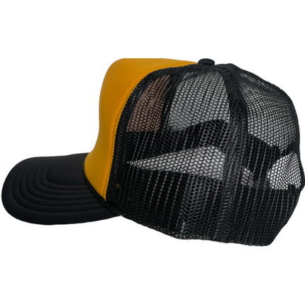 Vintage Yellow/Orange Crown Black Brim Trucker Mesh SnapBack Hat Cap