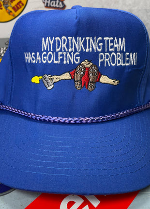 MY DRINKING TEAM GOLF Vintage Custom Embroidered Blue Strapback Rope Cap Hat