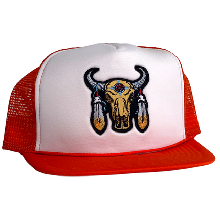 Custom Bull Skull patch Vintage Orange Mesh Trucker Snapback Cap Hat