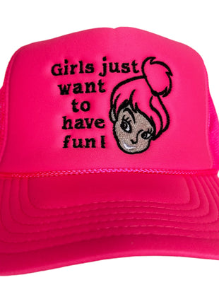 GIRLS JUST WANT TO HAVE FUN Pink Mesh Trucker SnapBack Cap Hat Custom Embroidered