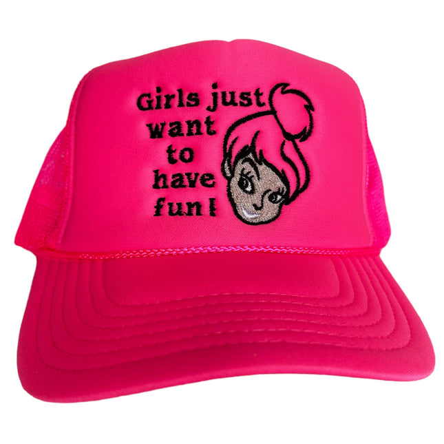 GIRLS JUST WANT TO HAVE FUN Pink Mesh Trucker SnapBack Cap Hat Custom Embroidered