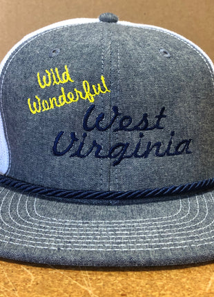 Custom Wild Wonderful West Virginia Embroidered Vintage Gray Denim Like Mesh SnapBack Hat Cap With Rope