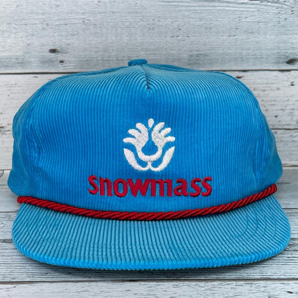 Vintage SNOWMASS Colorado Snow Skiing Snowboarding Red Rope Teal Blue Corduroy Hat Cap