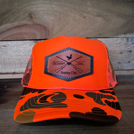 Old School Hunting Club Leather Patch Orange Camo Mesh SnapBack Hat Cap