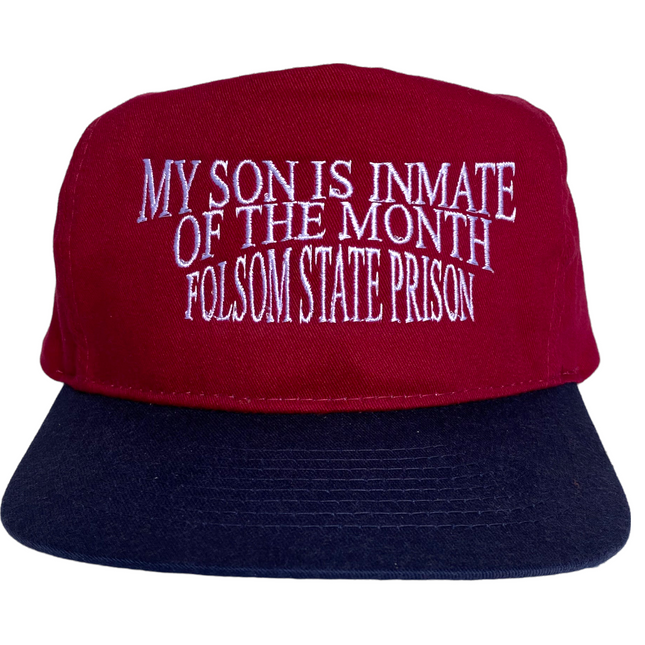 My Son Is Inmate of the Month Folsom State Prison Vintage Maroon Mid to High Crown Navy Brim Strapback Hat Cap Custom Embroidery