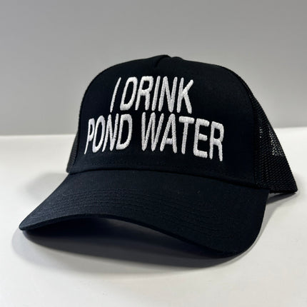 I Drink POND WATER Black Mesh SnapBack Trucker Cap Custom Embroidered Hat Instagram, YouTube and TikTok Collab Merch Potent Frog