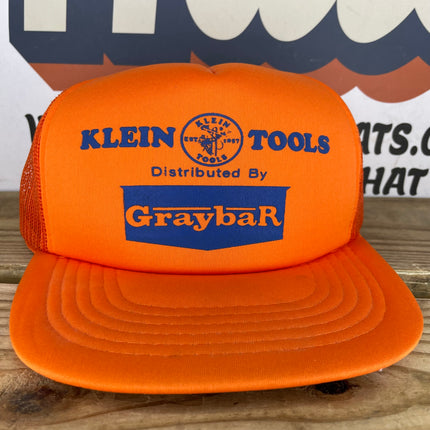 Vintage Klein Tools Gray Bar Orange Mesh Trucker SnapBack Hat Cap