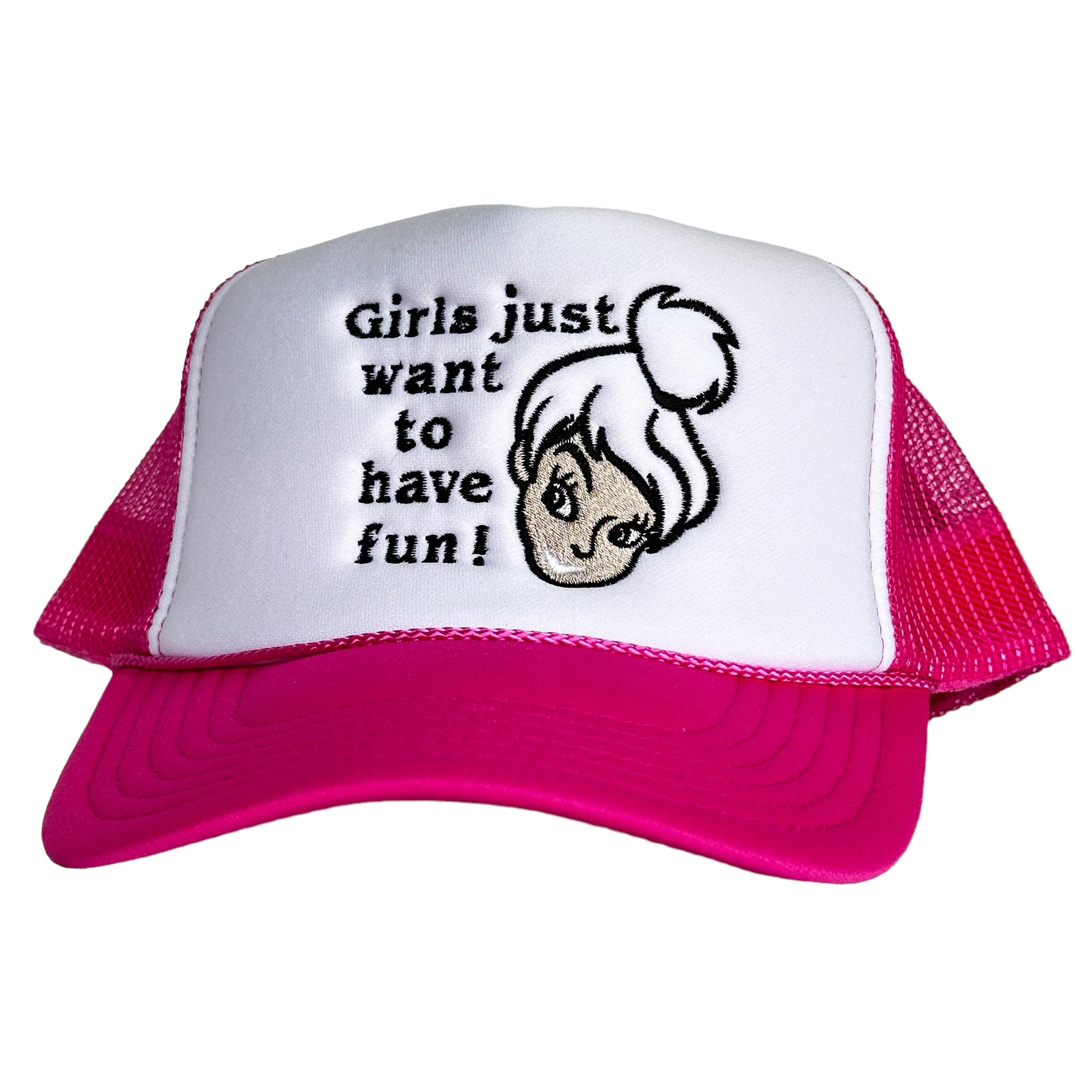 GIRLS JUST WANT TO HAVE FUN Pink Mesh White Front Trucker SnapBack