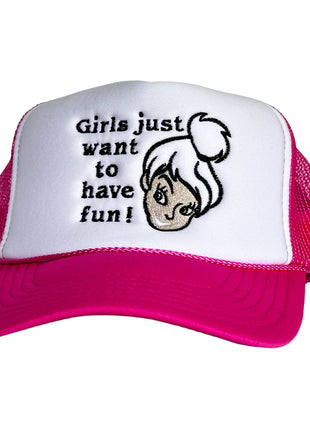 GIRLS JUST WANT TO HAVE FUN Pink Mesh White Front Trucker SnapBack Cap Hat Custom Embroidered