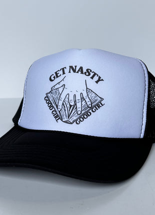 GET NASTY GOOD GIRL Inappropriate FUNNY Black Mesh Trucker Hat SnapBack Cap Custom Printed